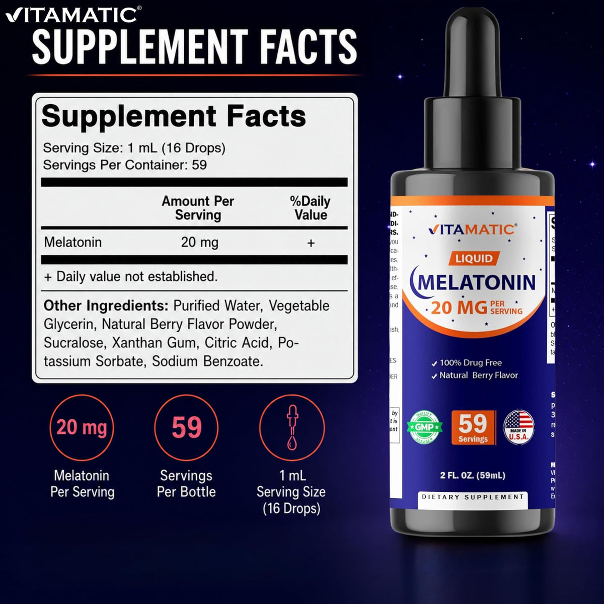 Vitamatic Mélatonine Liquide 20 mg 2 fl oz flacon arrière