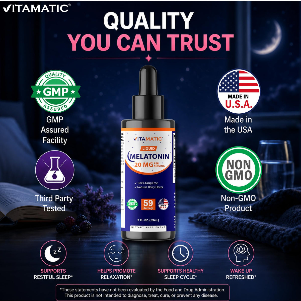 Vitamatic Mélatonine Liquide 20 mg 2 fl oz sur table