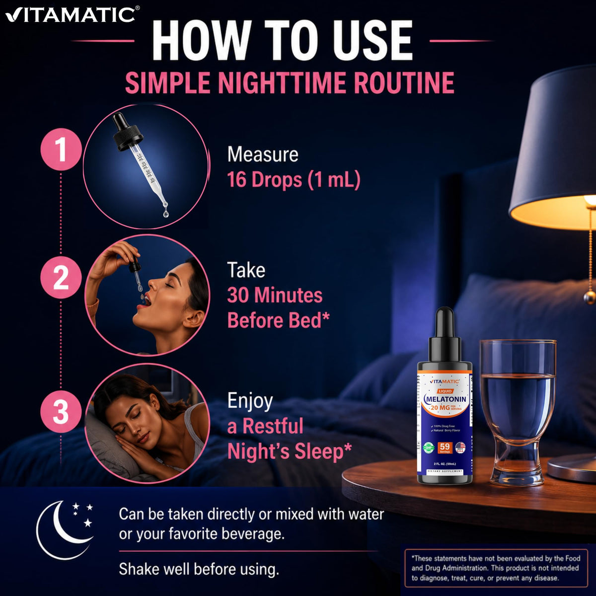 Vitamatic Mélatonine Liquide 20 mg étiquette détaillant les ingrédients
