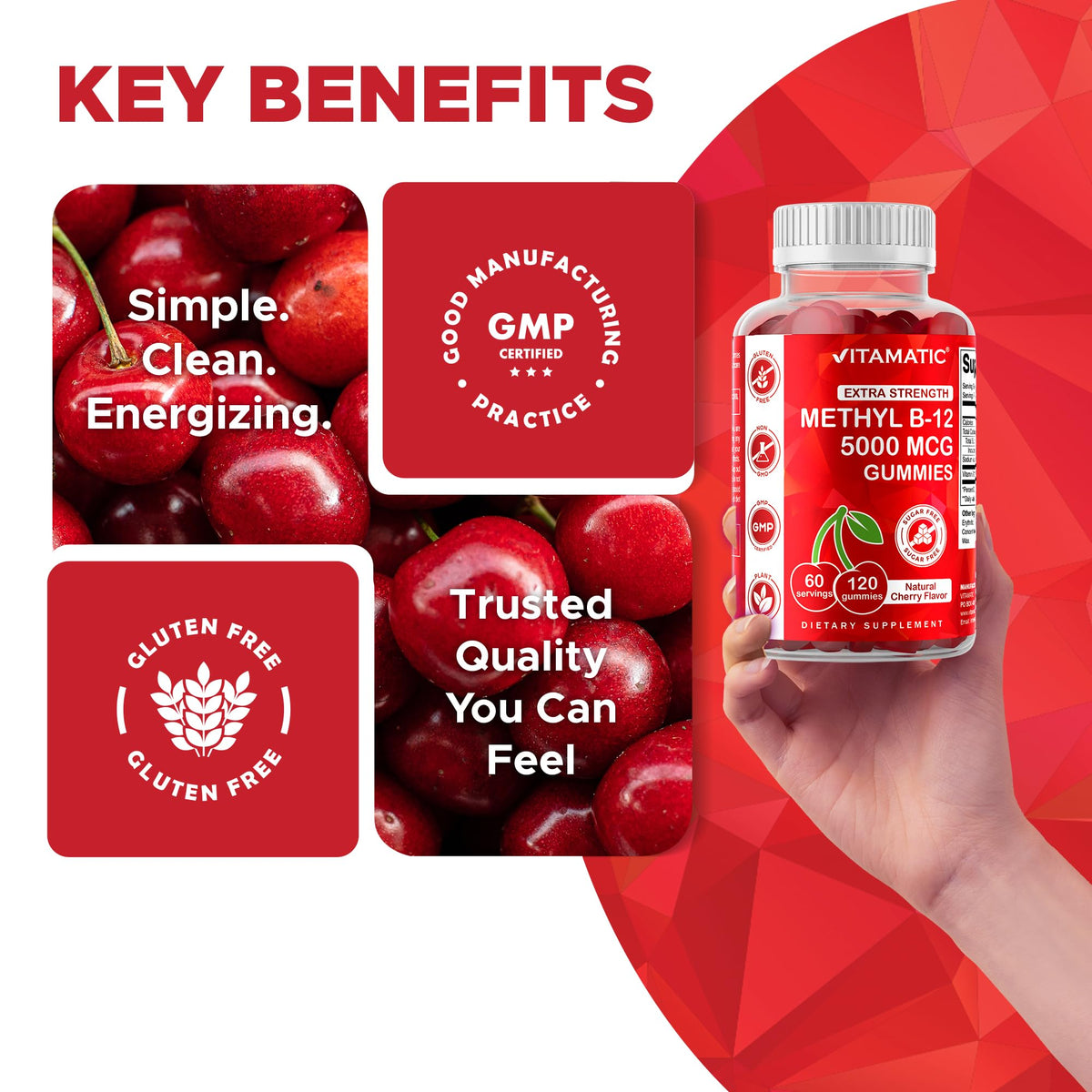 Vitamatic Methyl B12 gummies on a wooden table