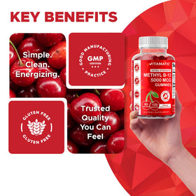 Vitamatic Methyl B12 gummies on a wooden table