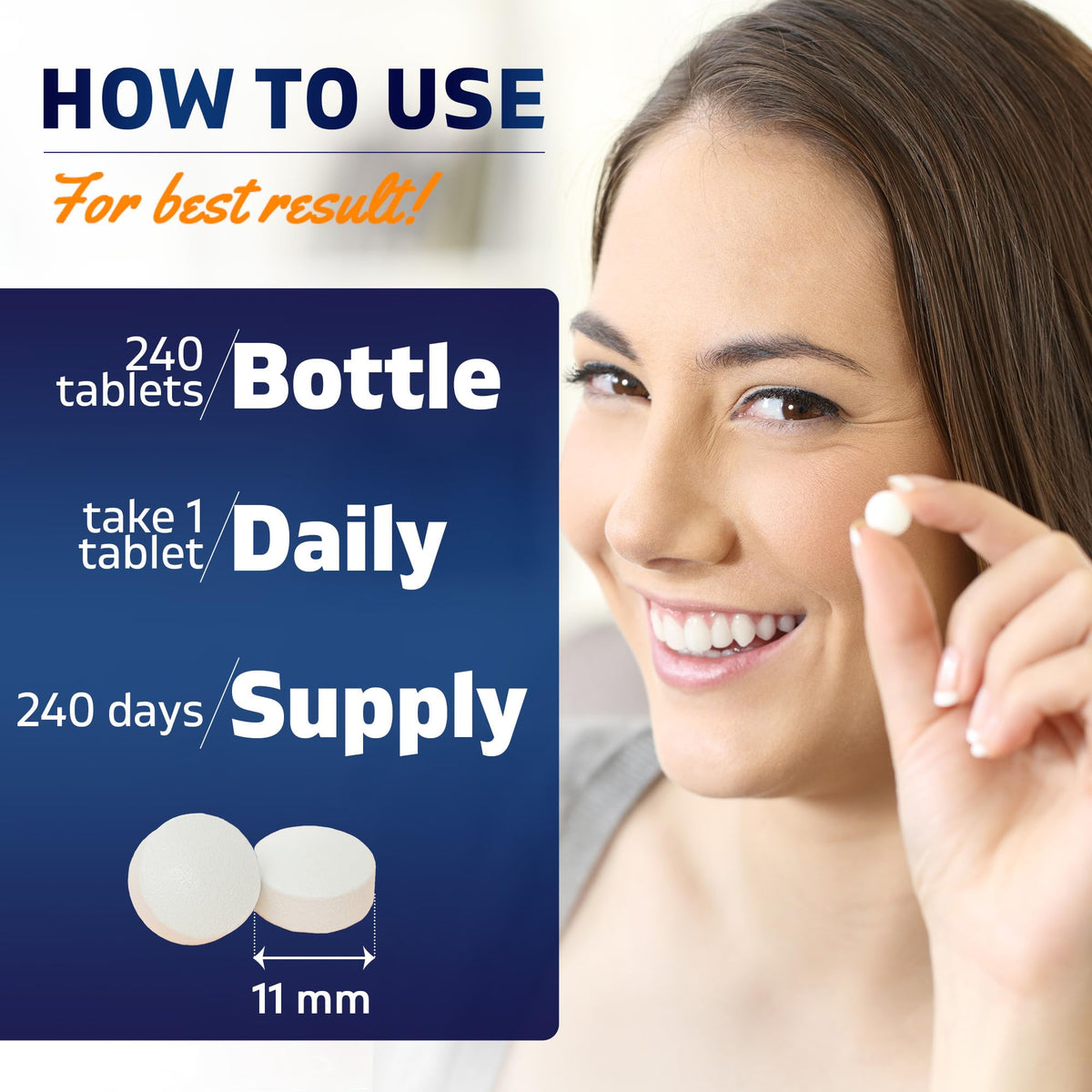 Vitamatic Niacinamide 500 mg 240 tablettes à côté d'une main pour l'échelle