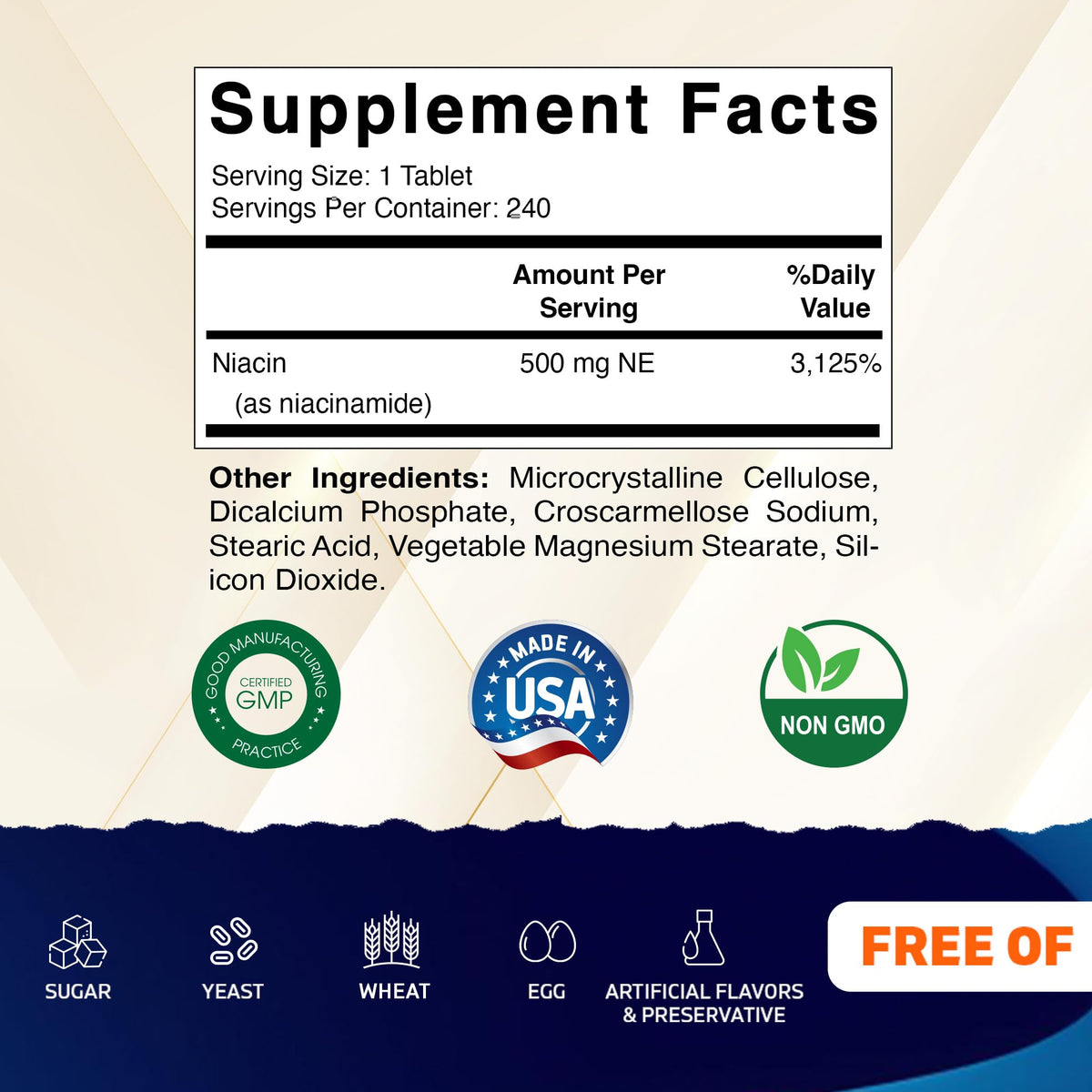 Vitamatic Niacinamide 500 mg 240 tablettes avec étiquette détaillée
