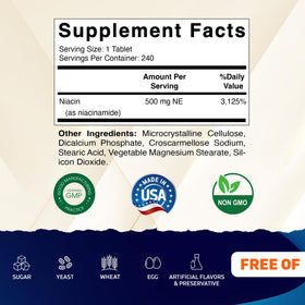 Vitamatic Niacinamide 500 mg 240 tablettes avec étiquette détaillée