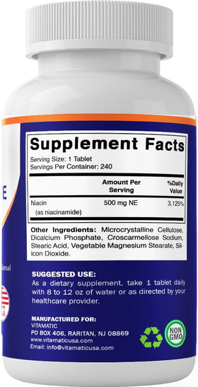 Vitamatic Niacinamide 500 mg 240 tablettes sur une table en bois
