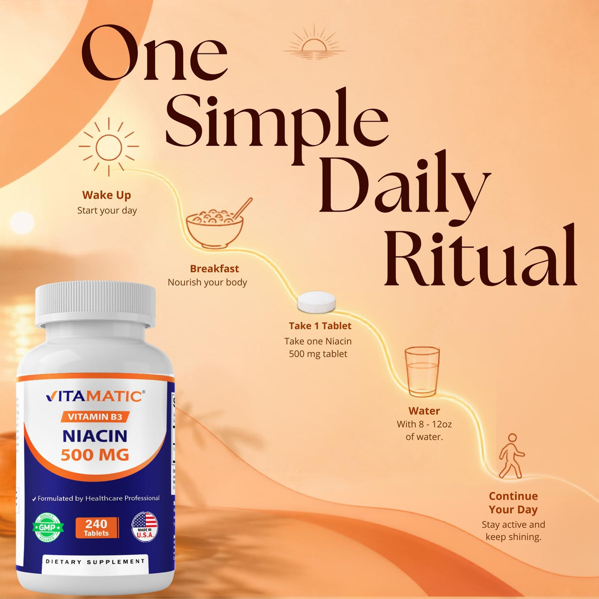 Vitamatic Niacine 500mg comprimés sur une table