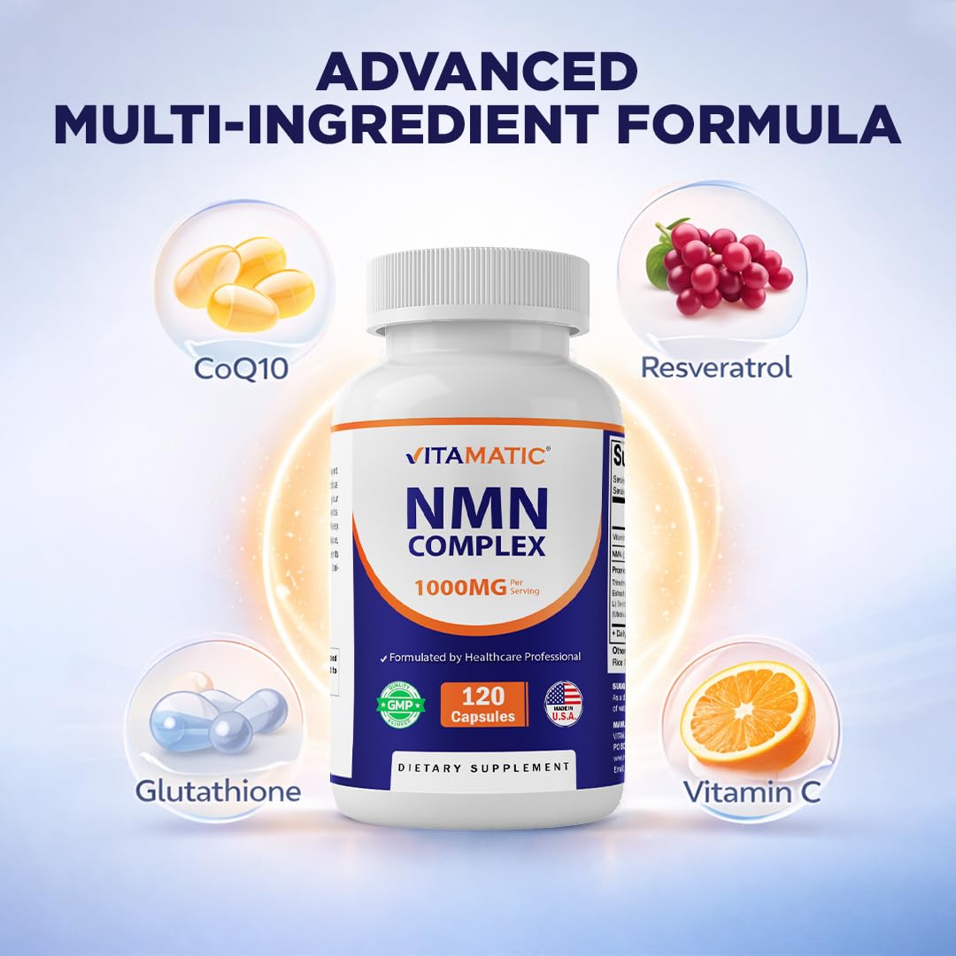 Vitamatic NMN Complex 1000 mg capsules végétales à côté d'un verre d'eau