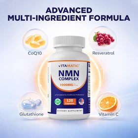 Vitamatic NMN Complex 1000 mg capsules végétales à côté d'un verre d'eau