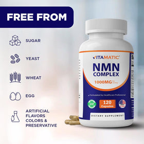 Vitamatic NMN Complex 1000 mg capsules végétales sur un fond blanc