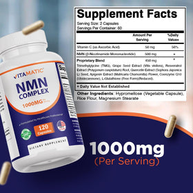 Vitamatic NMN Complex 1000 mg capsules végétales sur une table