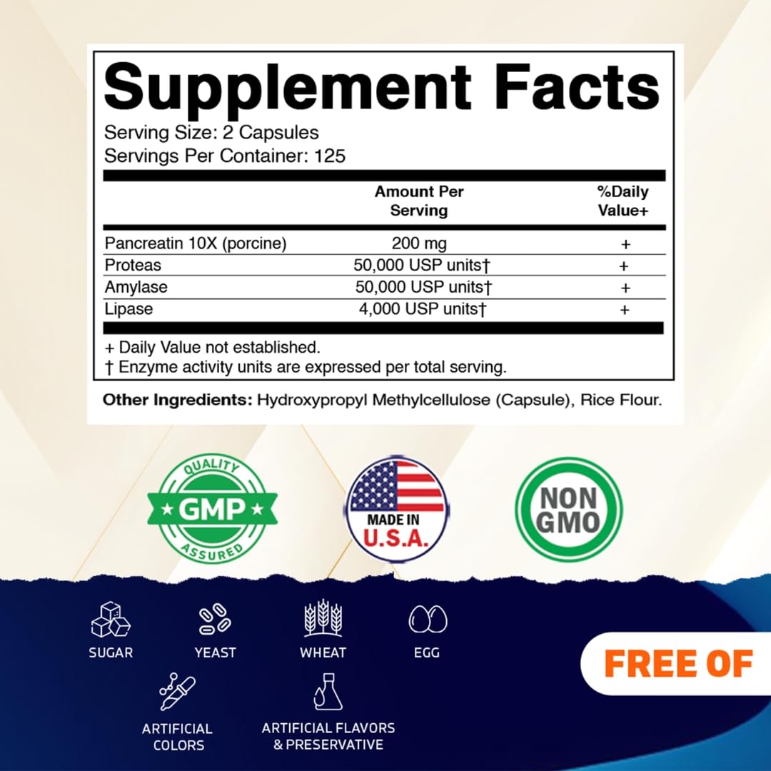 Vitamatic Pancreatin 10X 250 capsules, étiquette détaillée