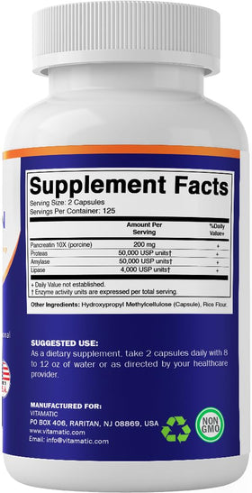 Vitamatic Pancreatin 10X, bouteille ouverte avec capsules visibles