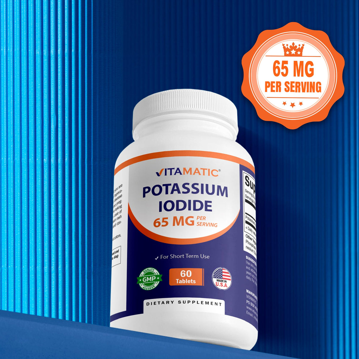 Vitamatic Potassium Iodide 65 mg comprimés, taille du comprimé comparée à une pièce