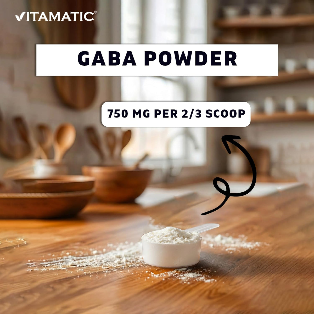 Vitamatic Poudre d'Acide Gamma-Aminobutyrique 750 mg - photo du produit sur une table