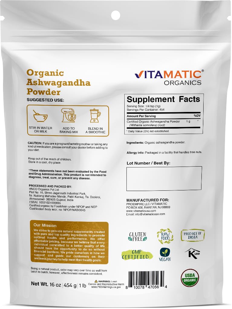 Vitamatic Poudre d'Ashwagandha Bio 490g en utilisation dans un smoothie