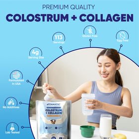 Vitamatic poudre de colostrum bovin et collagène 454g dans un verre d'eau