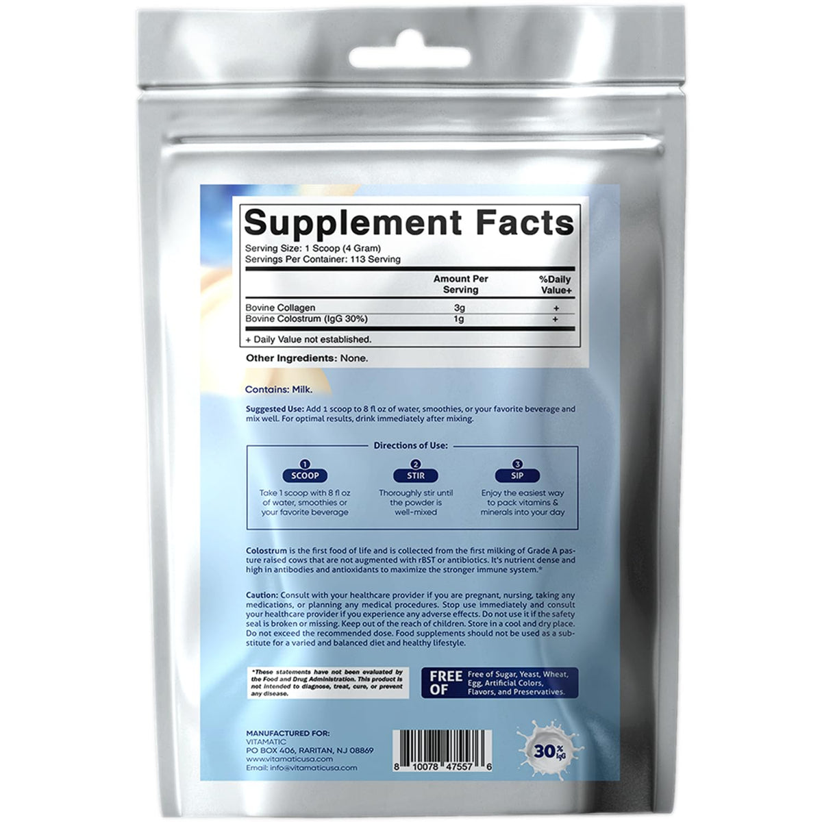 Vitamatic poudre de colostrum bovin et collagène 454g en mode de vie actif