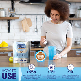 Vitamatic poudre de colostrum bovin et collagène 454g en préparation de smoothie
