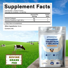 Vitamatic poudre de colostrum bovin et collagène 454g vue arrière