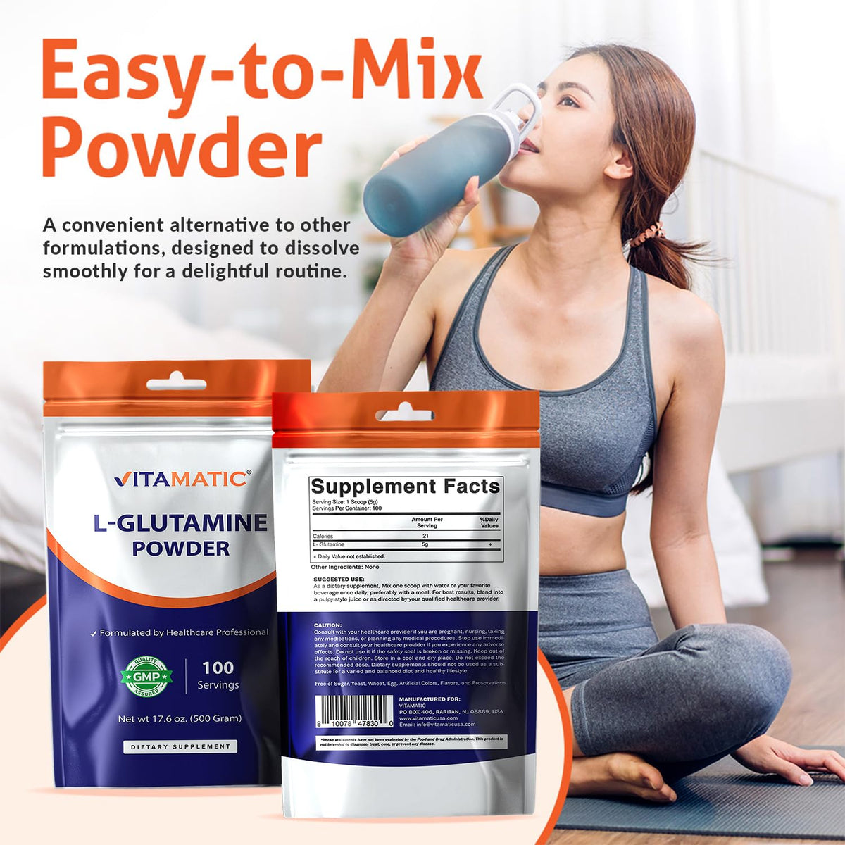Vitamatic Poudre de L-Glutamine 500 g en mélange avec eau
