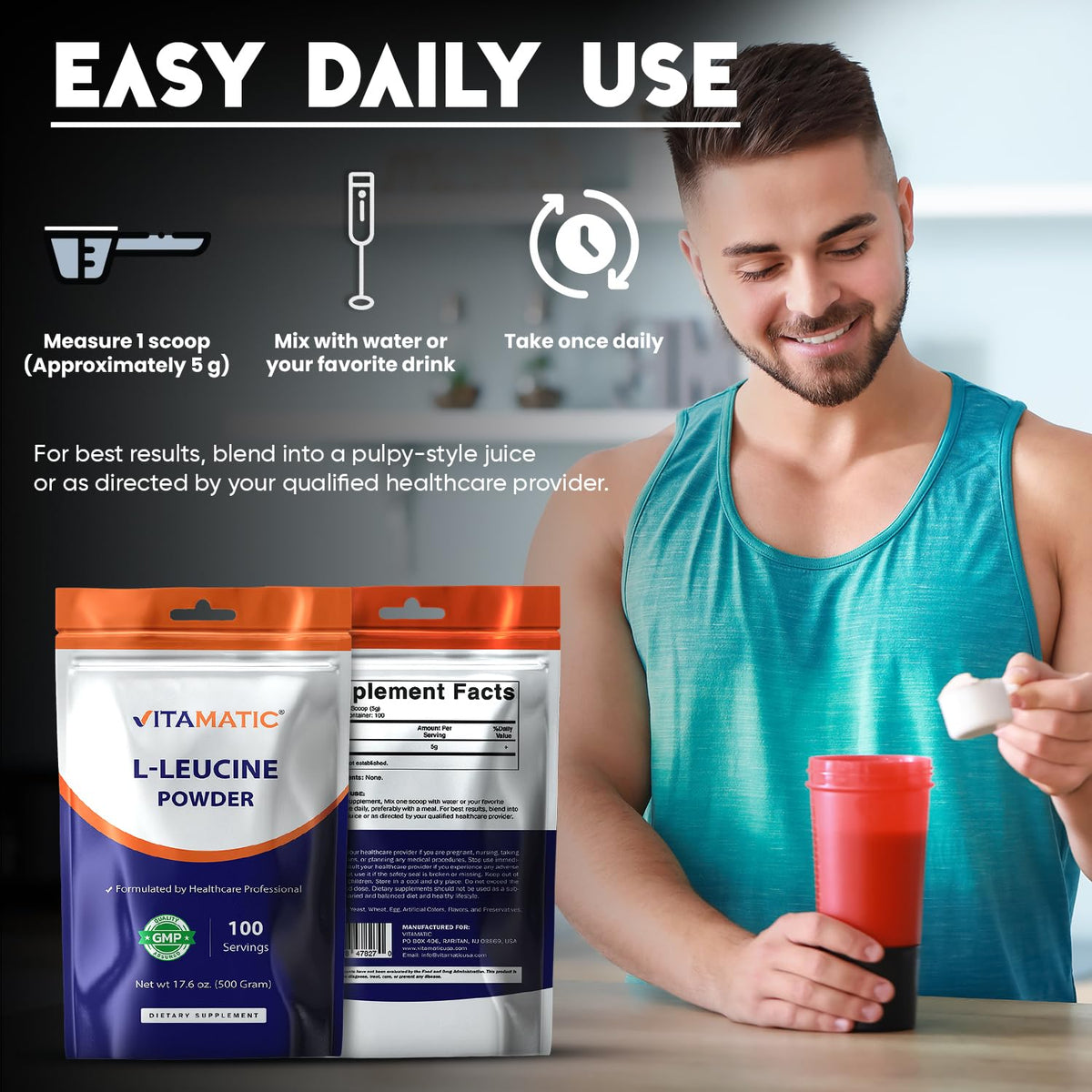 Vitamatic poudre de L-Leucine 500g étiquette détaillée