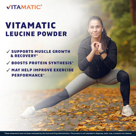 Vitamatic poudre de L-Leucine 500g sur une table de cuisine