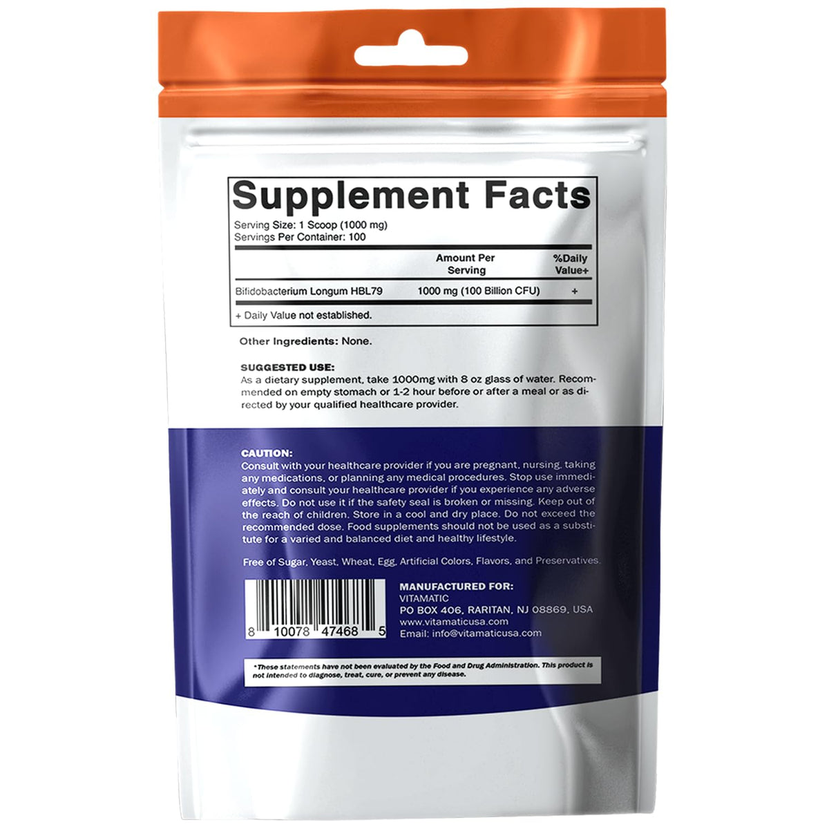 Vitamatic Poudre Probiotique Bifidobacterium Longum 100g, mise en scène sur une table