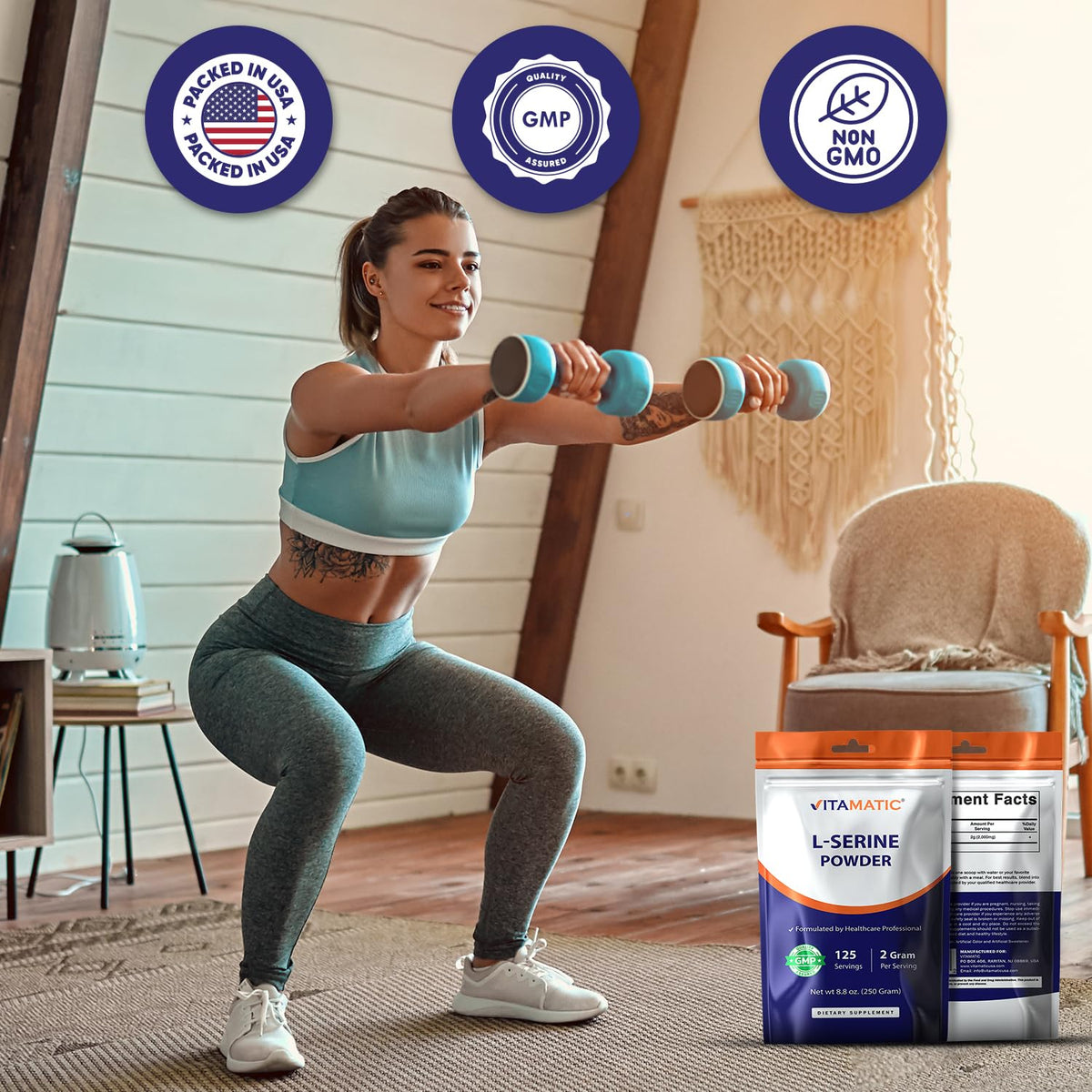 Vitamatic Poudre Pure L-Serine 250 g avec des fruits