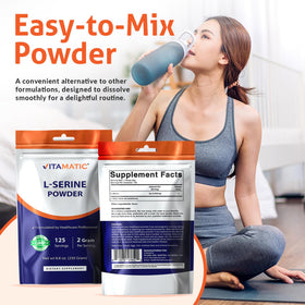 Vitamatic Poudre Pure L-Serine 250 g dans un shaker