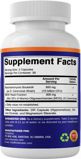 Vitamatic Probiotique Saccharomyces Boulardii 300 mg 60 capsules sur une table