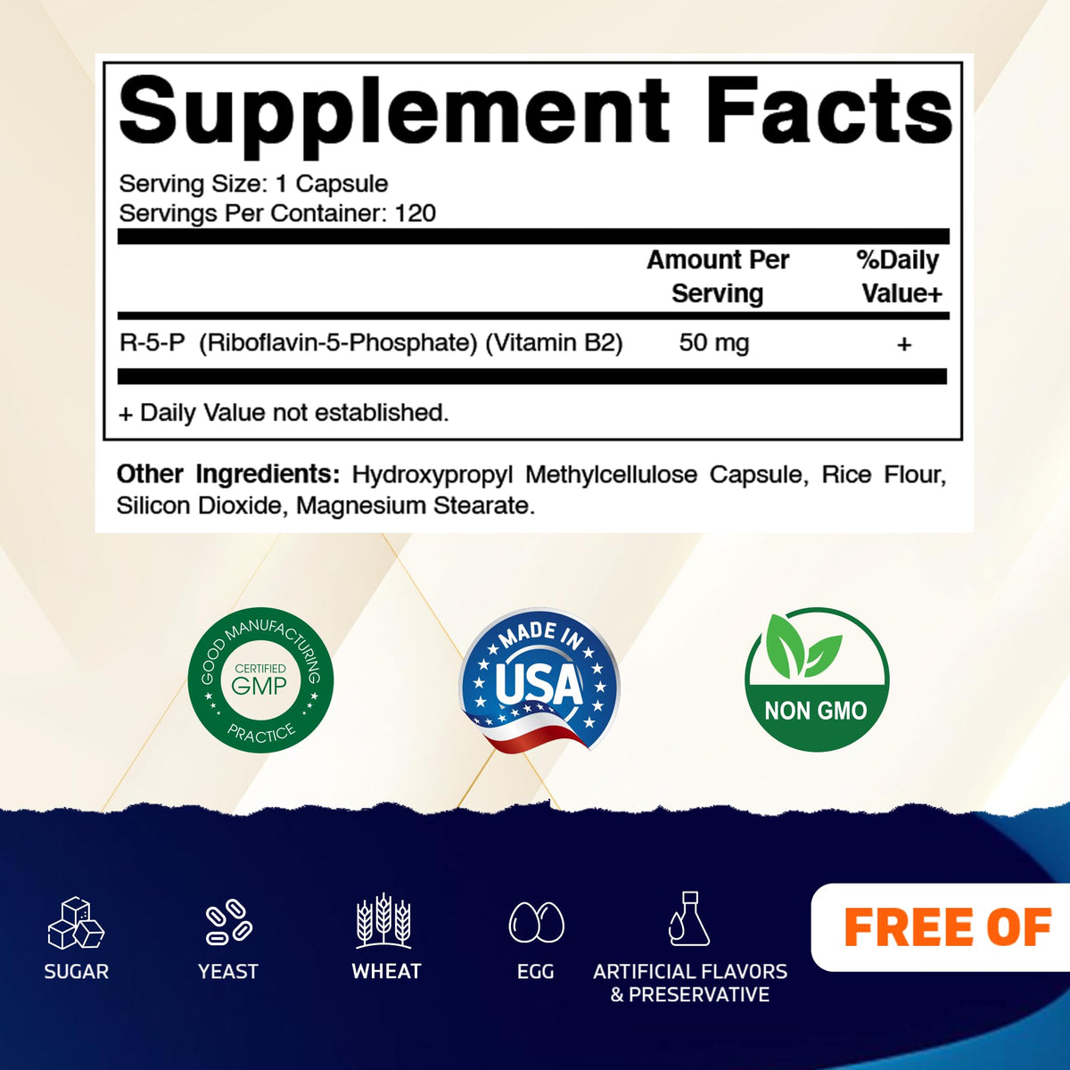 Vitamatic R-5-P Riboflavine-5-Phosphate 50 mg capsules à l'intérieur