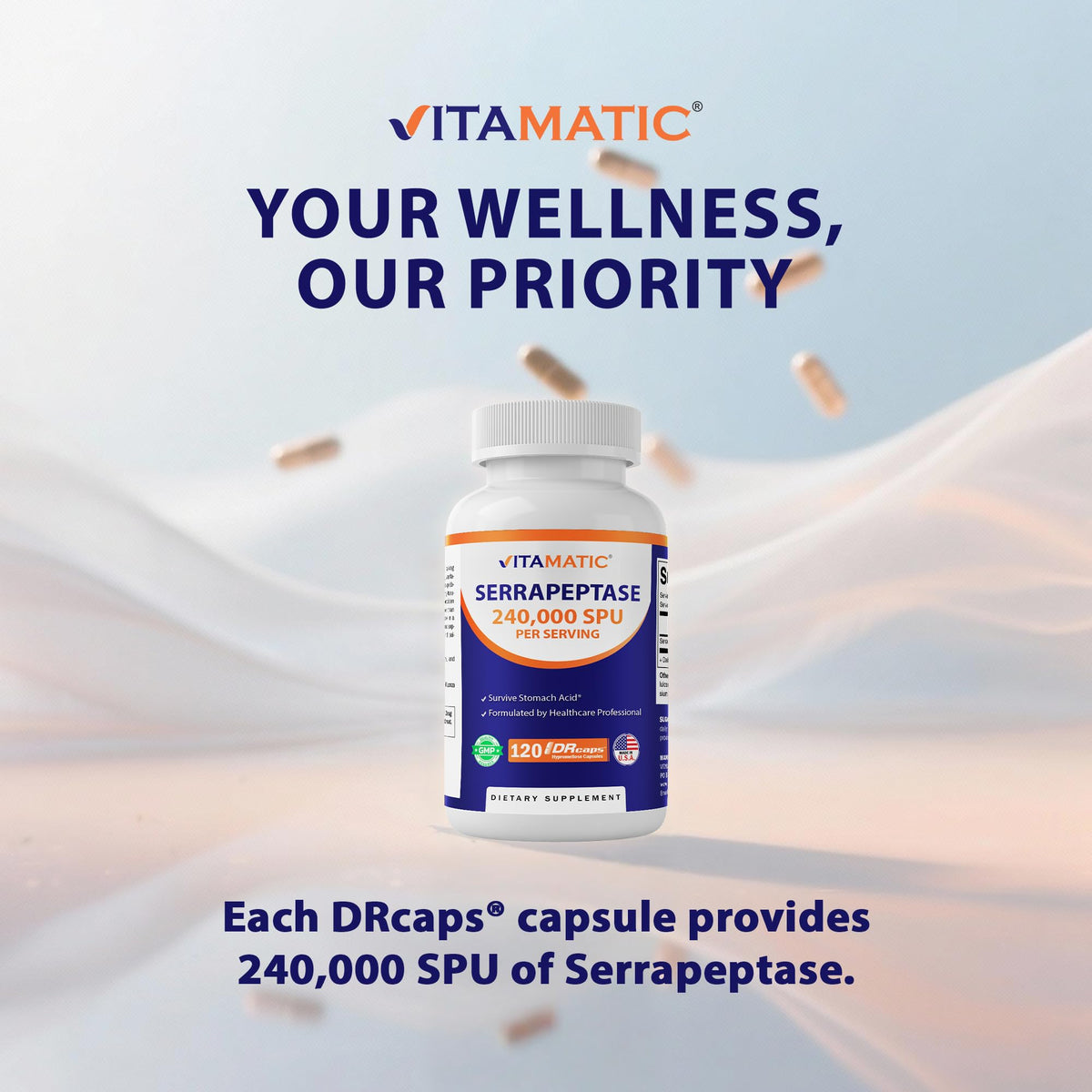 Vitamatic Serrapeptase 120 capsules sur fond blanc