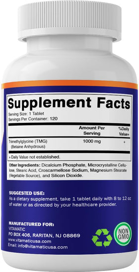 Vitamatic TMG 1000mg, flacon avec un comprimé à côté