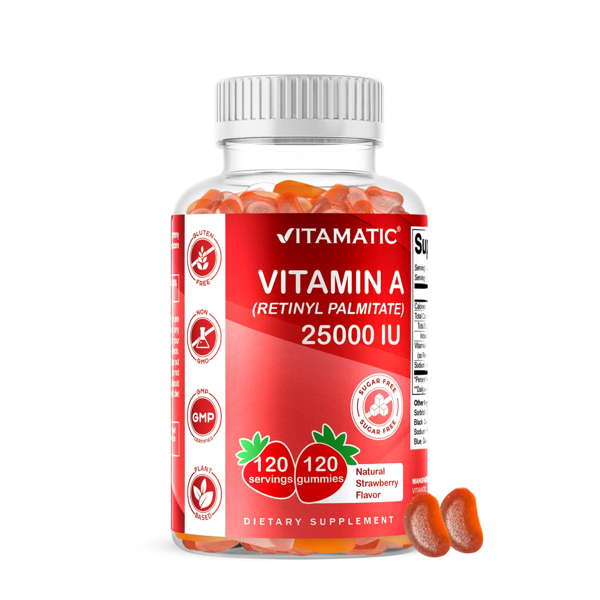 Vitamatic Vitamine A 25000 IU gummies 120 pièces devant l'emballage