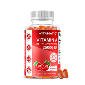 Vitamatic Vitamine A 25000 IU gummies 120 pièces devant l'emballage