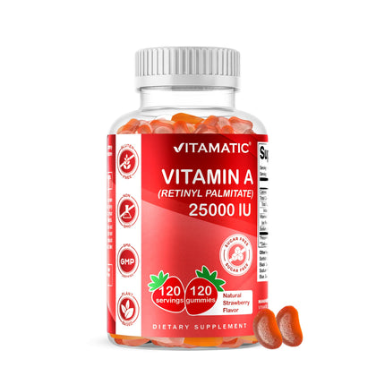 Vitamatic Vitamine A 25000 IU gummies 120 pièces devant l'emballage