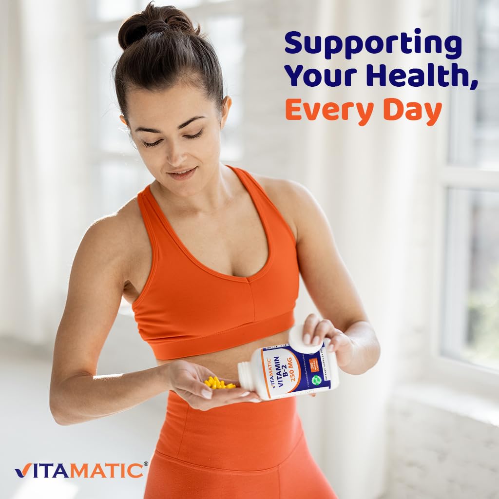 Vitamatic Vitamine B2 250 mg capsules végétariennes sur fond blanc