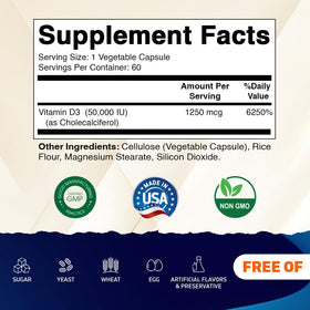 Vitamatic Vitamine D3 50 000 UI capsules végétales sur une table