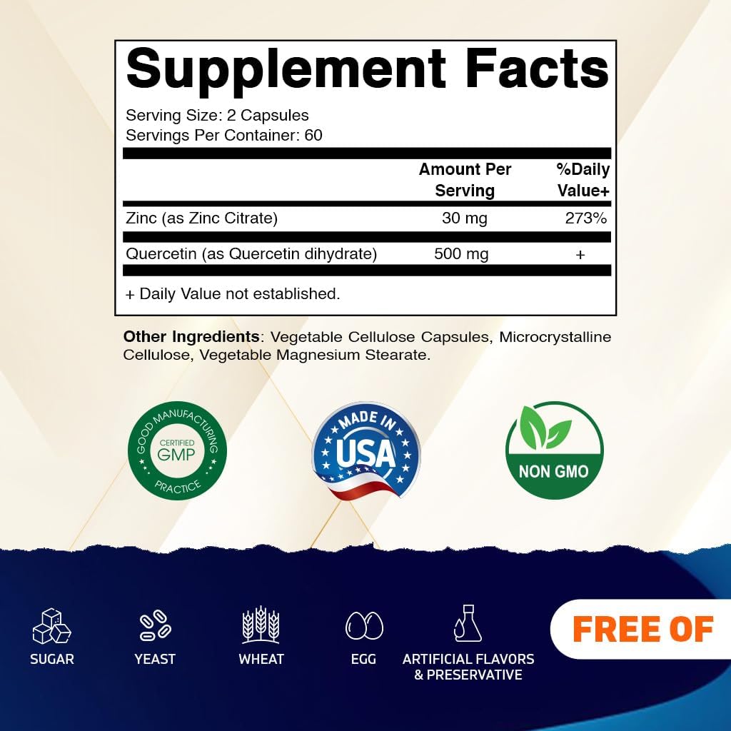 Vitamatic Zinc Quercetin 120 gélules végétariennes étiquette avec ingrédients