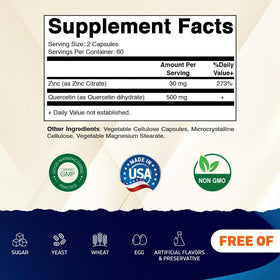 Vitamatic Zinc Quercetin 120 gélules végétariennes étiquette avec ingrédients
