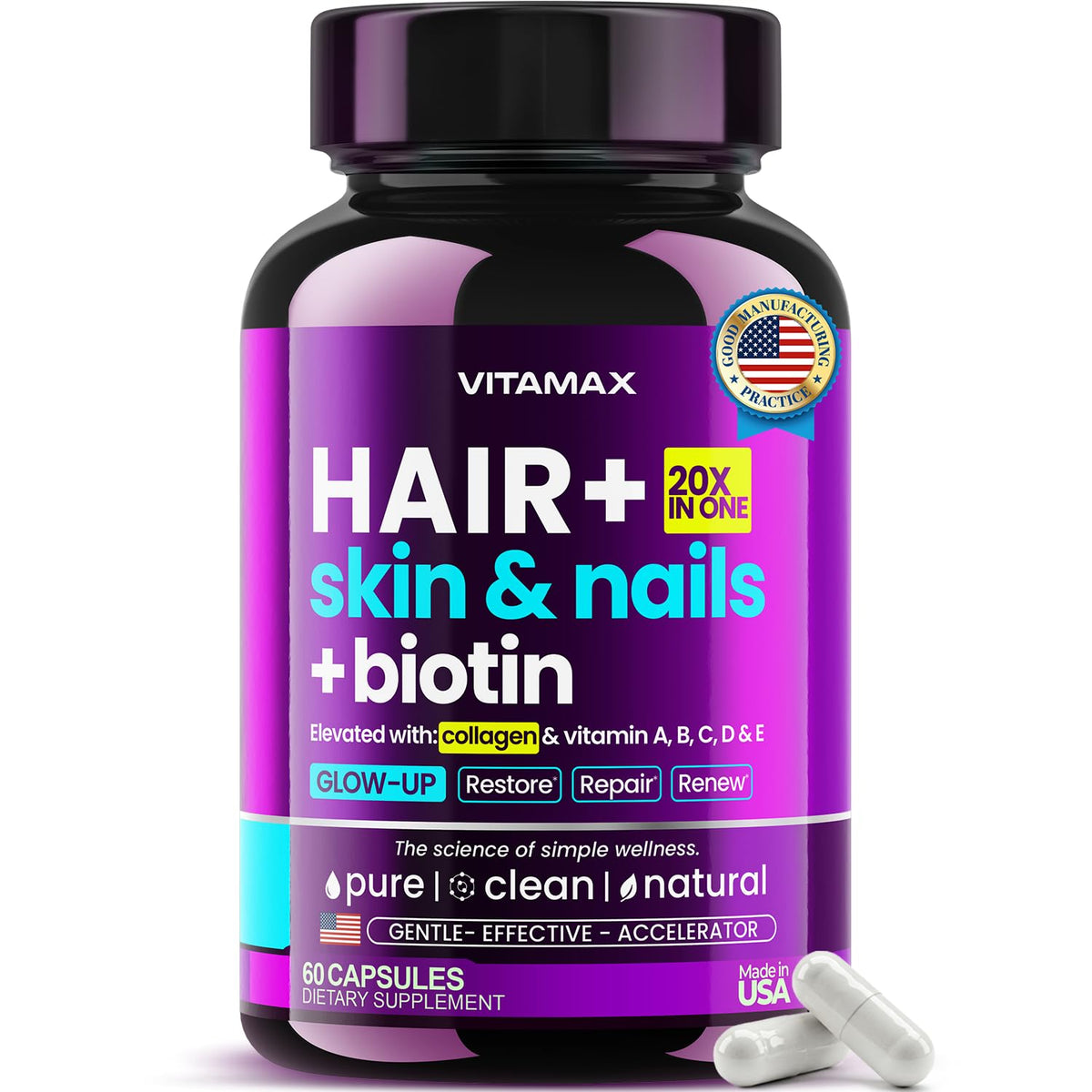 Vitamax complément alimentaire biotine collagène acide hyaluronique 60ct vue de face