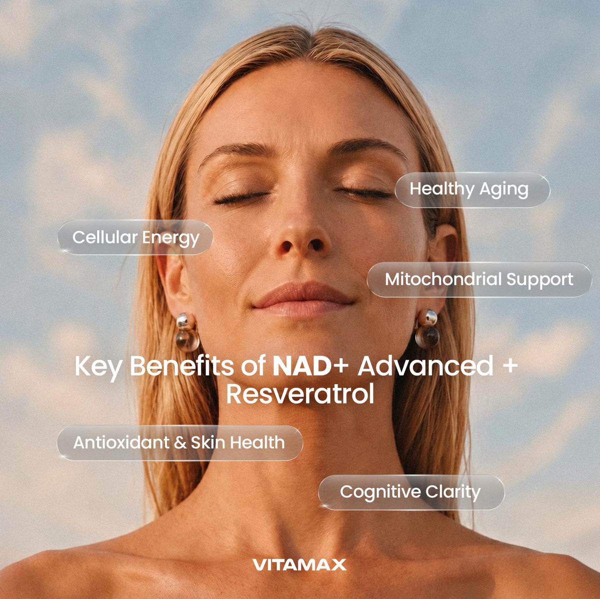 Vitamax Complément Alimentaire NAD+ 60 Capsules avec ingrédients sur fond blanc