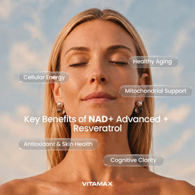 Vitamax Complément Alimentaire NAD+ 60 Capsules avec ingrédients sur fond blanc