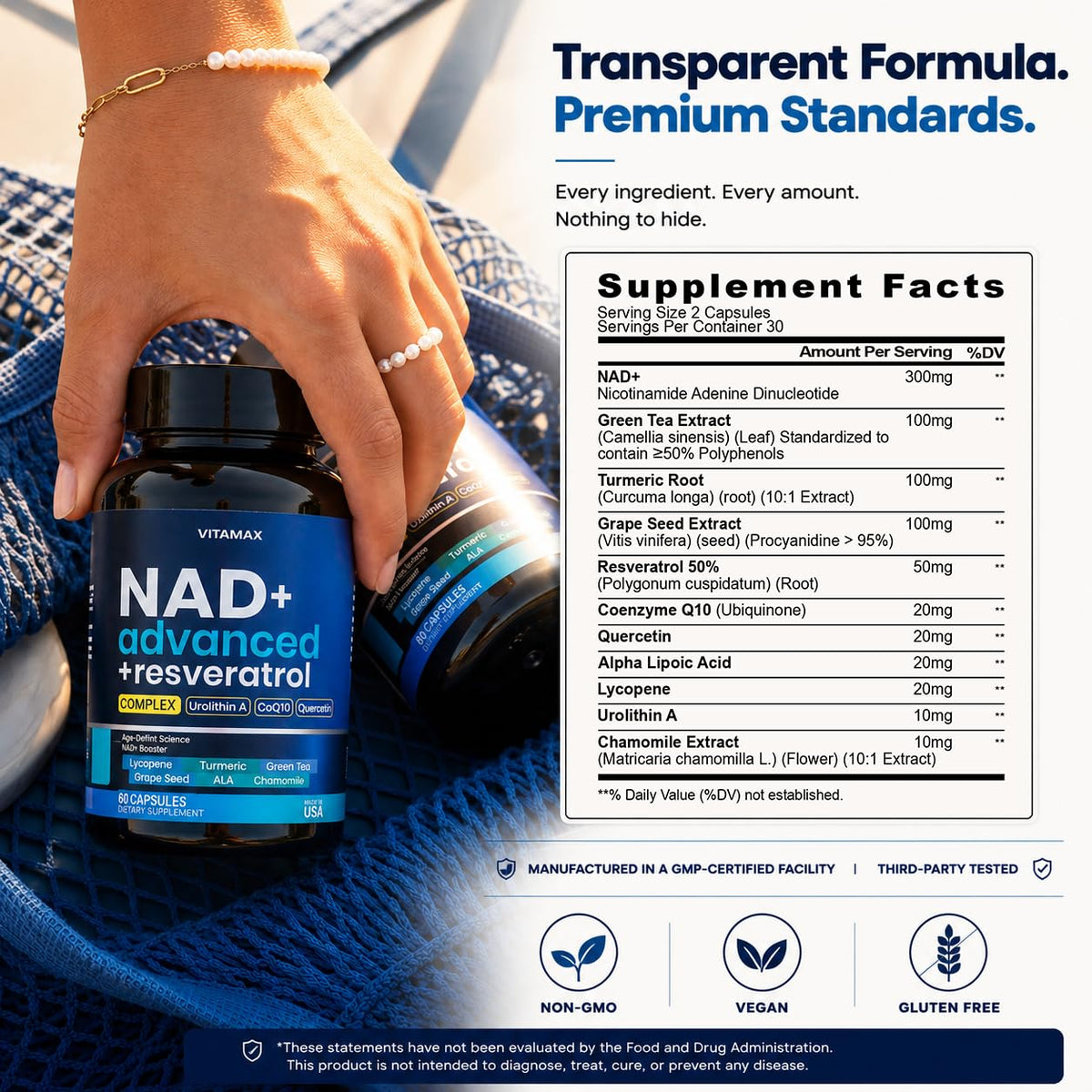 Vitamax Complément Alimentaire NAD+ 60 Capsules côté avec composée d'ingrédients