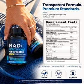 Vitamax Complément Alimentaire NAD+ 60 Capsules côté avec composée d'ingrédients