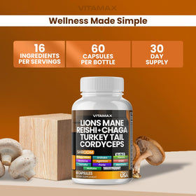 Vitamax MycoBoost Mélange de Champignons 60 Capsules sur une table