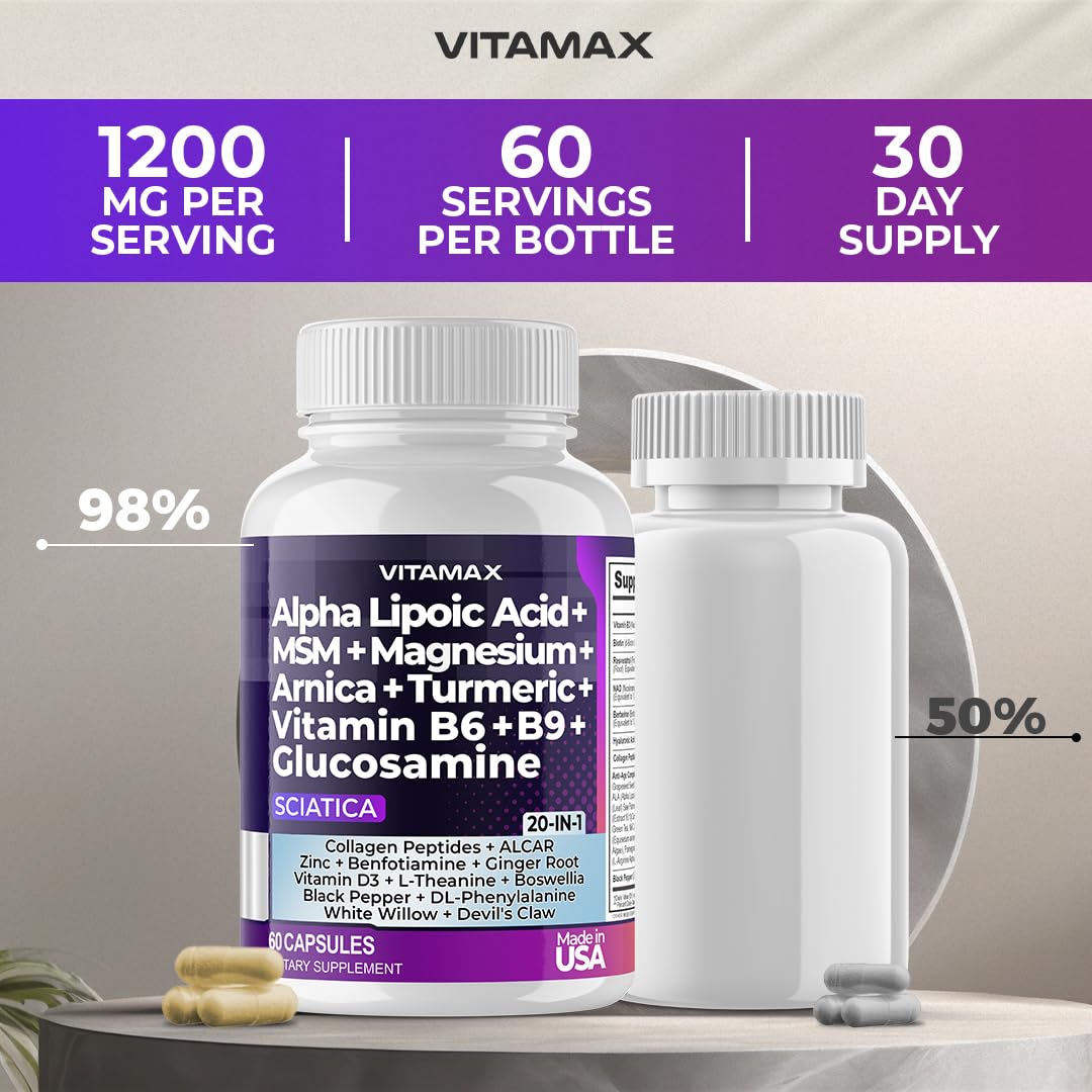Vitamax Nerve-Plus capsules avec ingrédients en arrière-plan