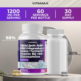 Vitamax Nerve-Plus capsules avec ingrédients en arrière-plan