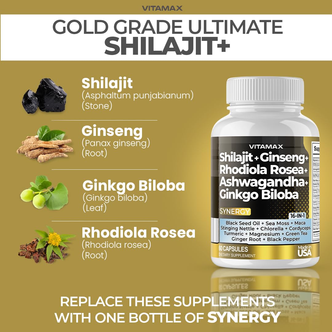 Vitamax Shilajit capsules avec ingrédients naturels en arrière-plan