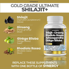 Vitamax Shilajit capsules avec ingrédients naturels en arrière-plan